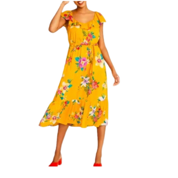 Old Navy Dresses & Skirts - 🎮Old Navy ruffle scoop neck Hawaiian Yellow Floral Dress size XL GUC